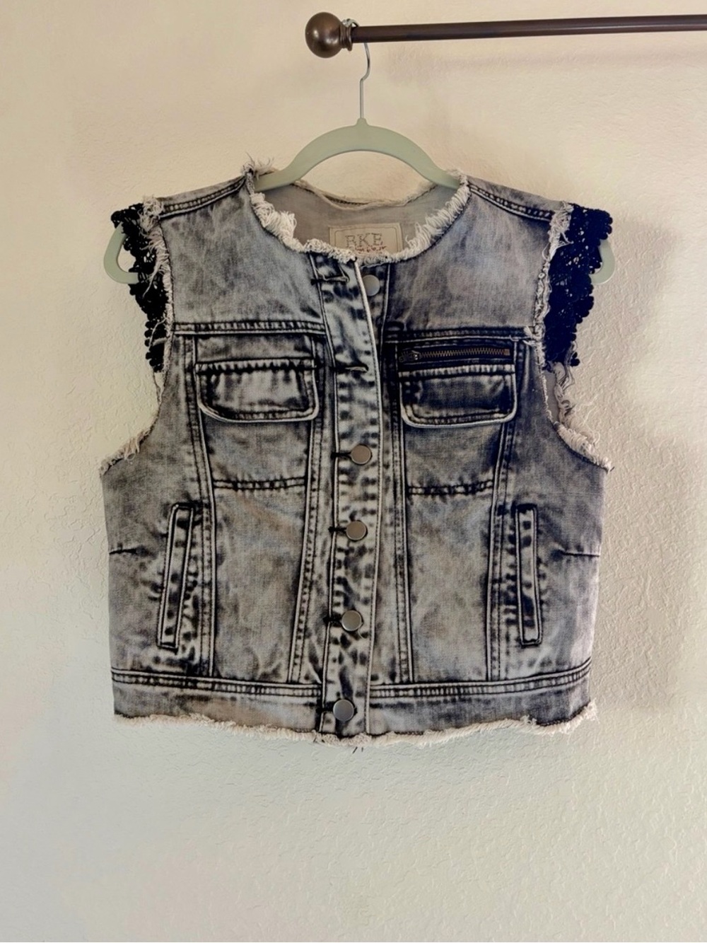 BKE Outerwear Acid Wash Distressed Denim Vest Black Crochet Lace Detail
